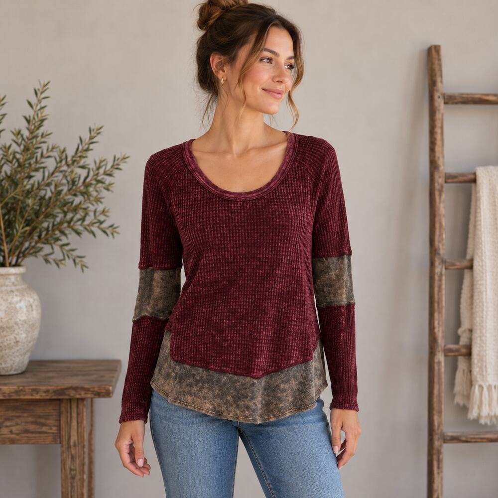 Free People Maroon Long Sleeve Contrast Streip Thermal Top XS